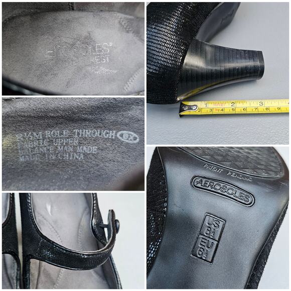 MaryJane Pumps Aerosoles Role Through Size 8.5 Black Shimmer Reptile Scale Heels - Picture 6 of 12